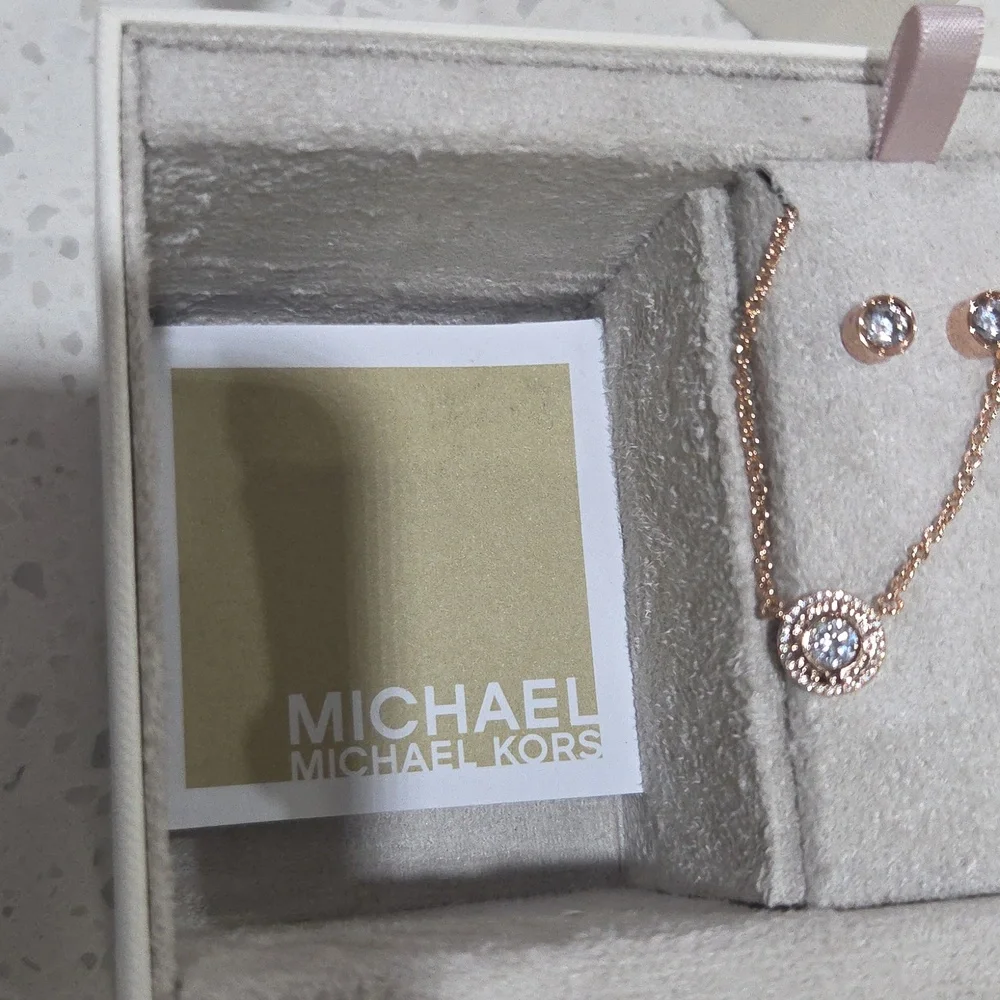 Michael Kors Lauryn Three-Hand Rose Gold Stainless Steel Watch Earring Necklace
